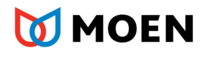 A moen logo with a red and blue swirl on a white background.