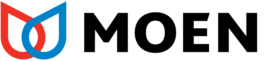 A moen logo with a red and blue swirl on a white background.