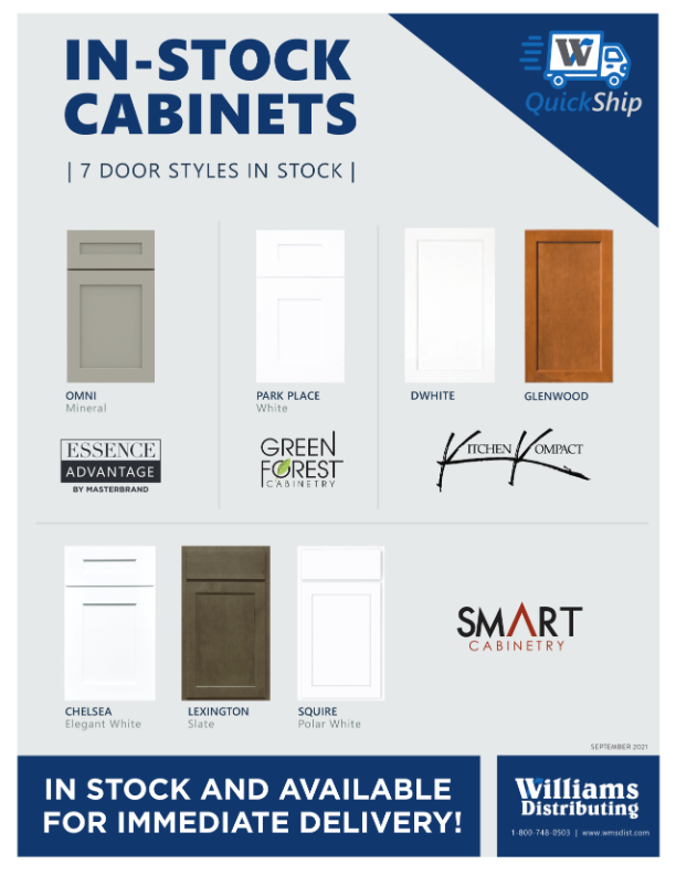 A flyer for in-stock cabinets with 7 door styles in stock