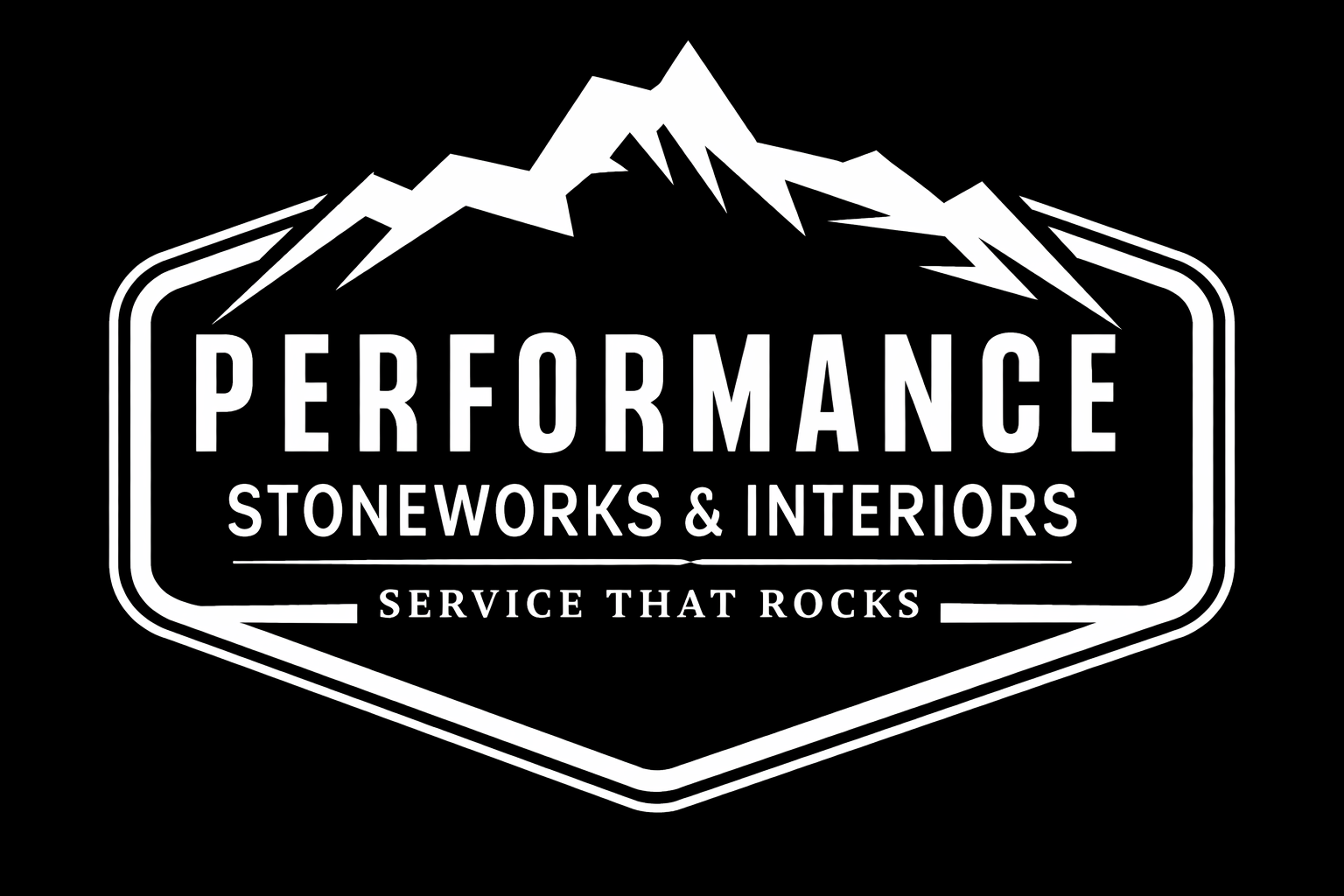 The logo for performance stoneworks shows a mountain and the words `` service that rocks ''.