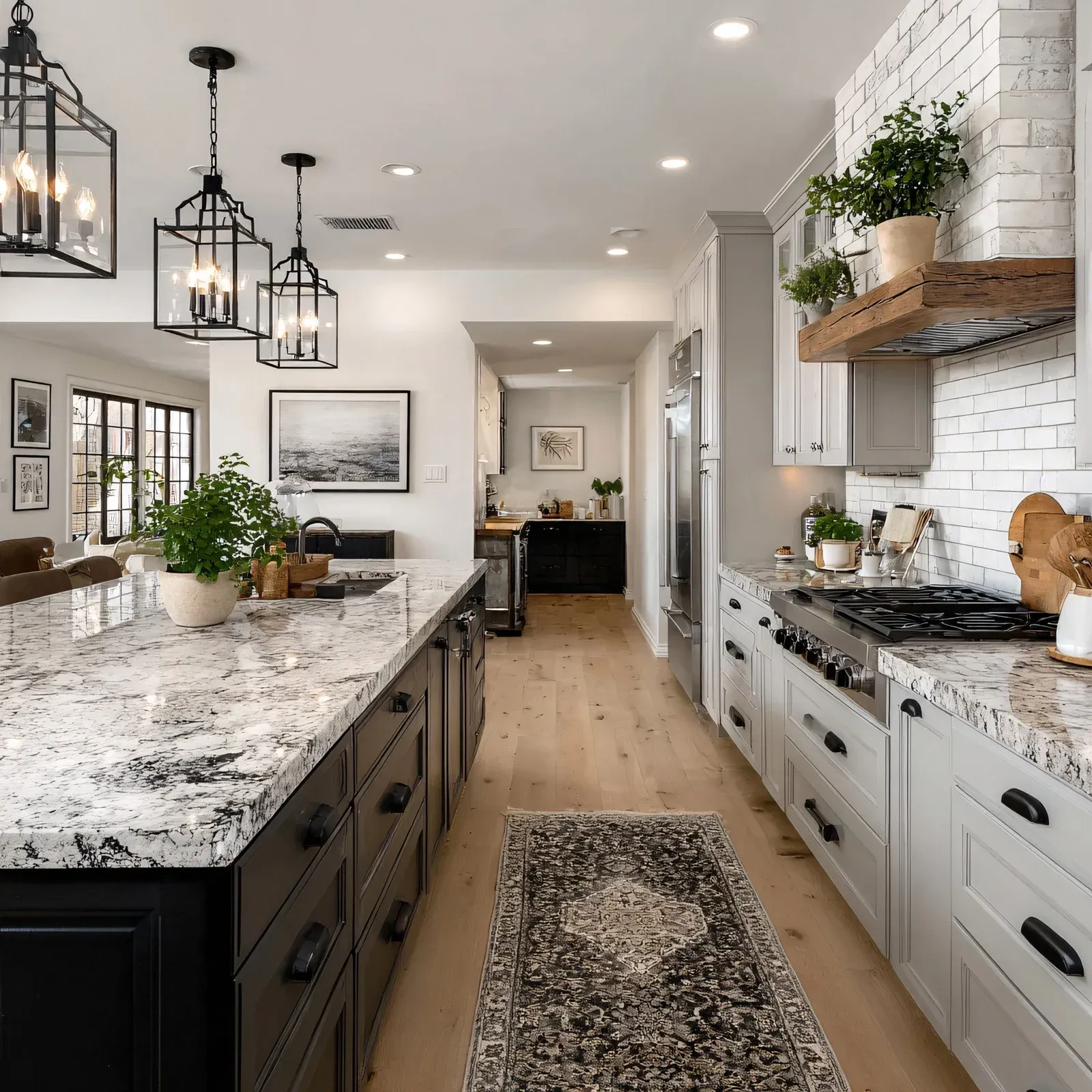 A large outdoor kitchen with a grill and watermelon on the counter.