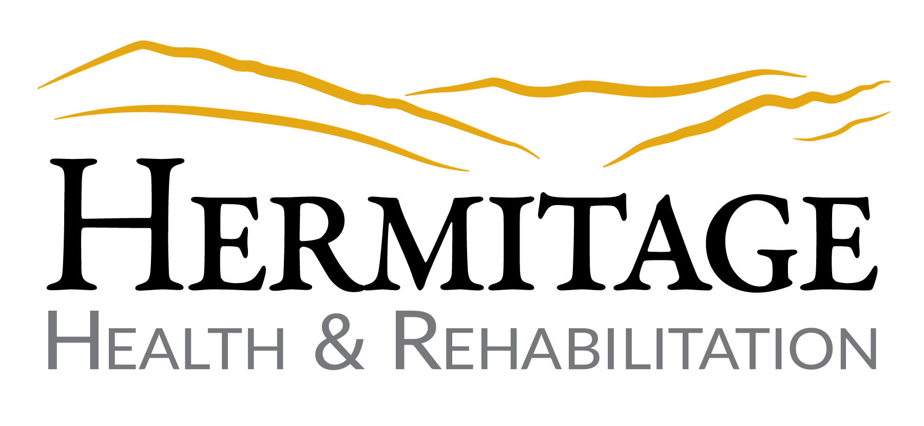 A logo for hermitage health and rehabilitation with a mountain in the background