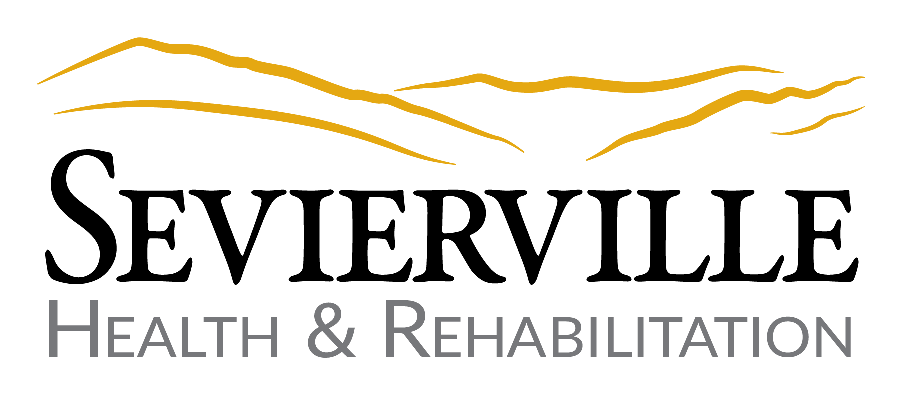A logo for sevierville health and rehabilitation with a mountain in the background