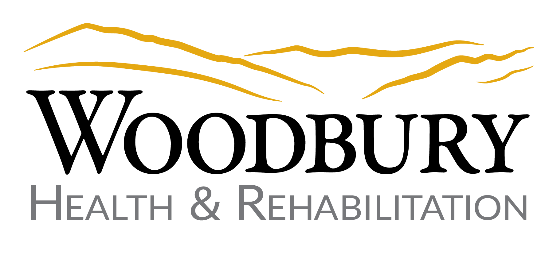 A logo for woodbury health and rehabilitation with a mountain in the background