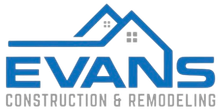 The logo for evans construction and remodeling has a house on it