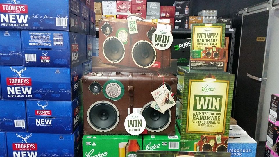 Beer Display in a Store With Faux Speaker Boxes — BYO Cellars in Budgewoi, NSW