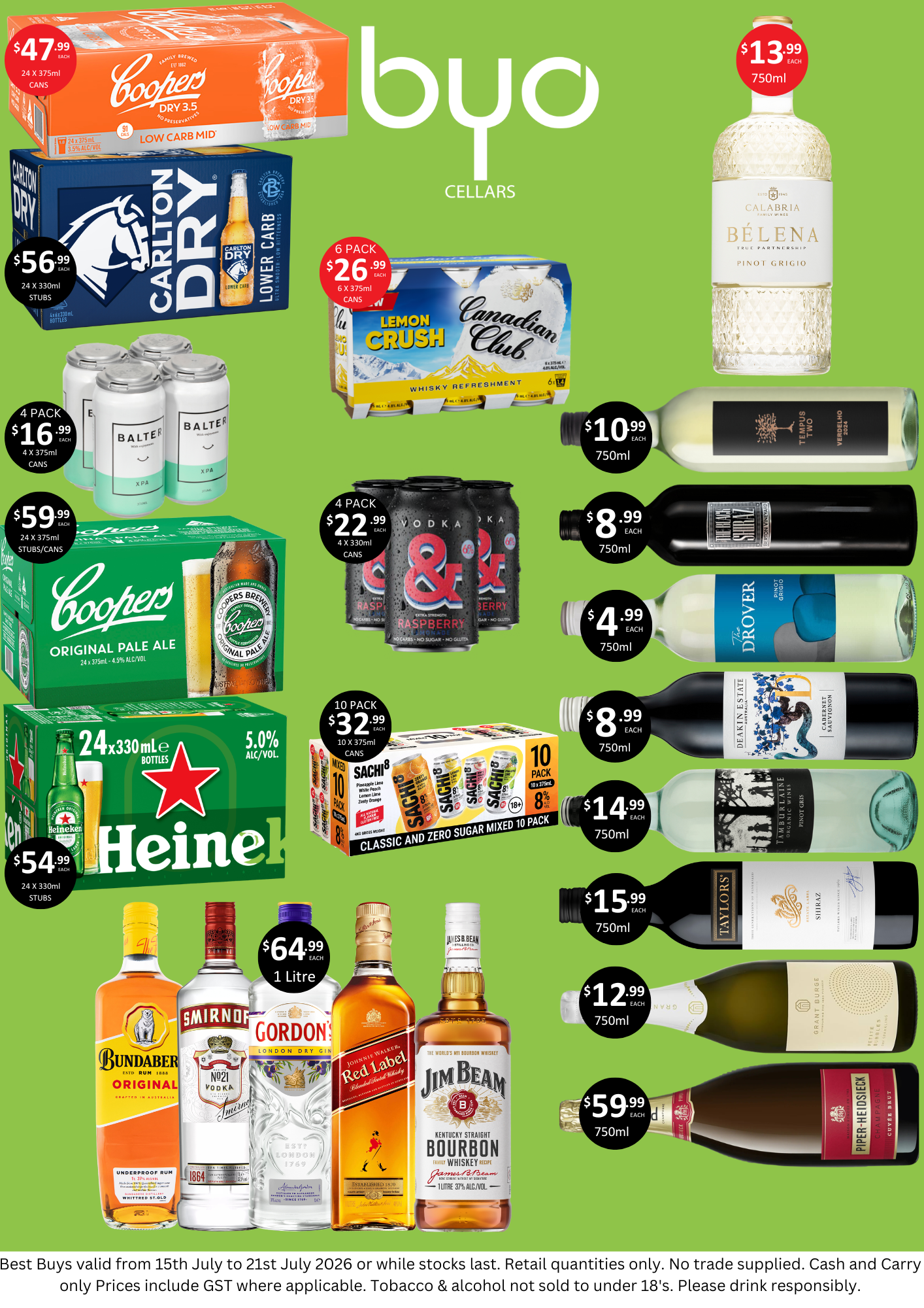 A liquor store advertisement displaying various alcoholic beverages with prices.
