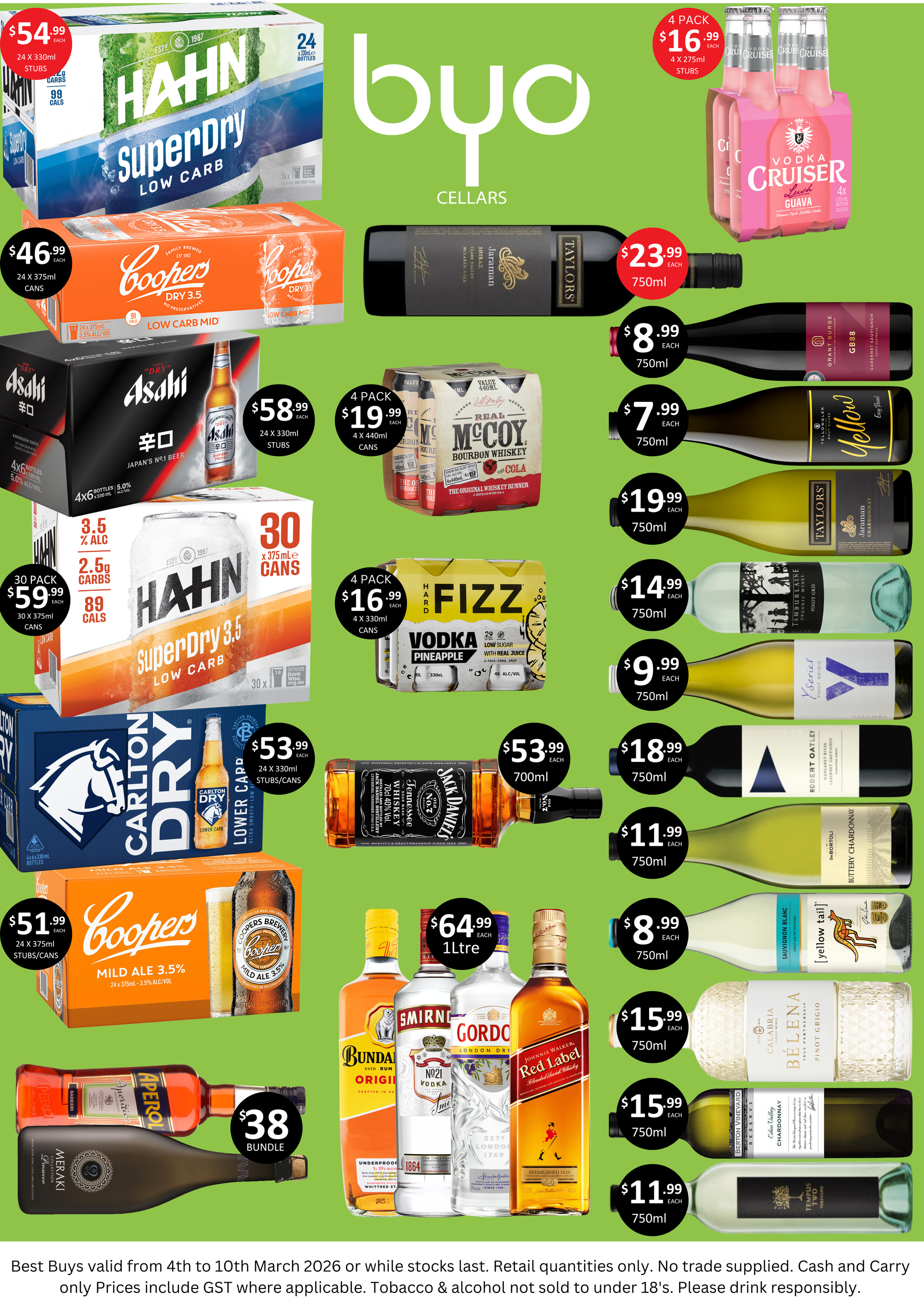 A liquor store advertisement displaying various alcoholic beverages with prices.