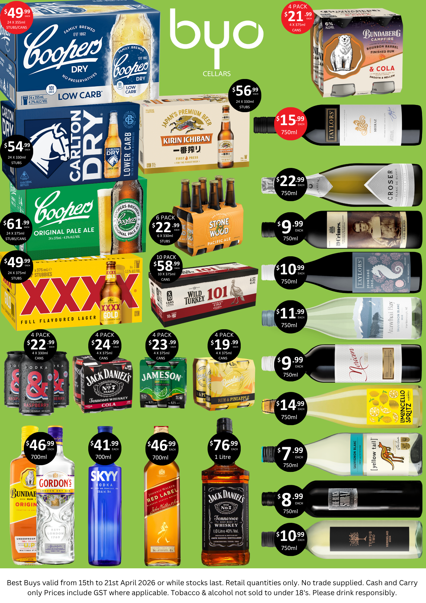 A liquor store advertisement displaying various alcoholic beverages with prices.