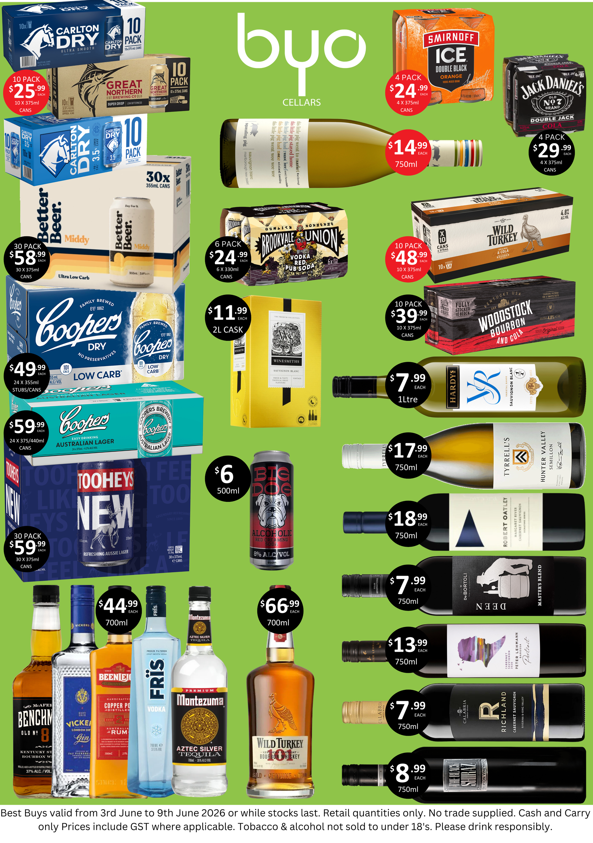 A liquor store advertisement displaying various alcoholic beverages with prices.