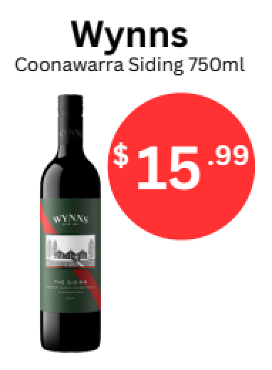Wynns Coonawarra Siding wine bottle for sale, $15.99 in a red circle.