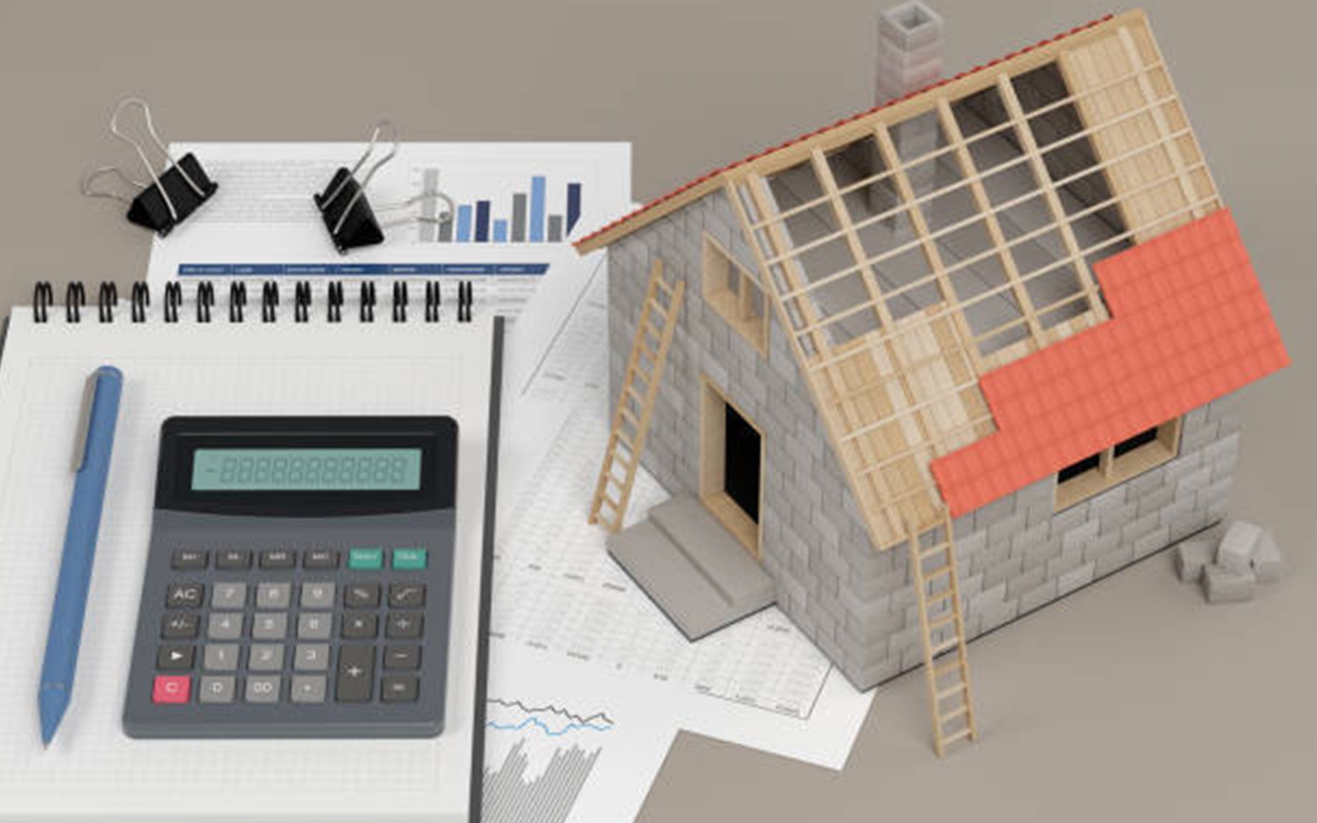 Construction budget: calculator, notepad, charts, model house under construction.