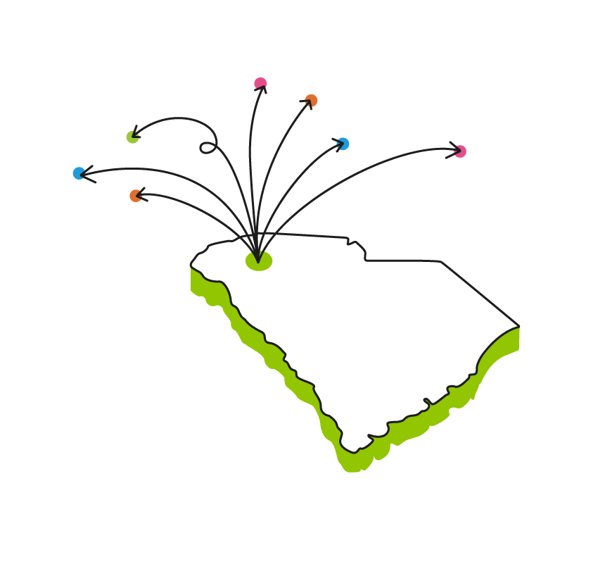 A map of South Carolina with arrows pointing in different directions.