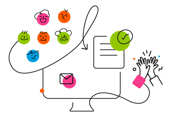 A line drawing that illustrates how innovateHR helps clients. The drawing depicts employees and their data being entered into a computer and the output is a high five, or successful outcomes.