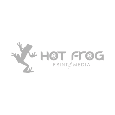 a logo for hot frog print media with a frog on a white background .