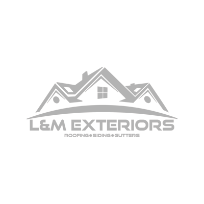 a logo for l & m exteriors roofing siding and gutters .