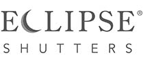 The logo for eclipse shutters is black and white with a crescent moon in the middle.