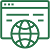 A green icon of a computer screen with a globe in the middle.