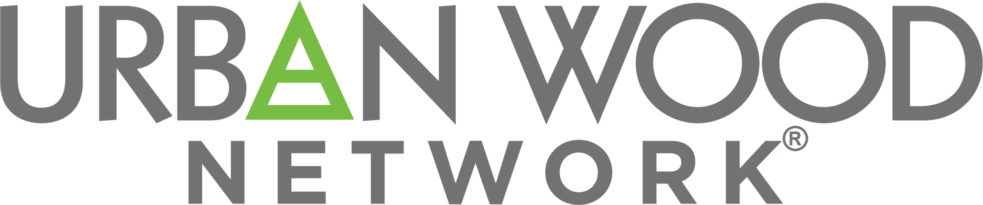 A logo for urban wood network with a green triangle in the middle.