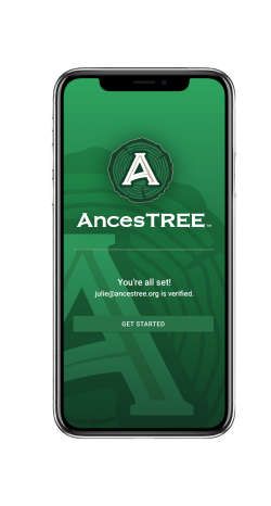 A cell phone with the ancetree app on it.