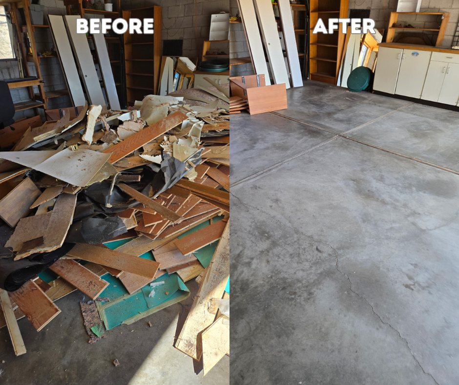 Before and after comparison: cluttered garage with debris, then cleaned with a concrete floor.