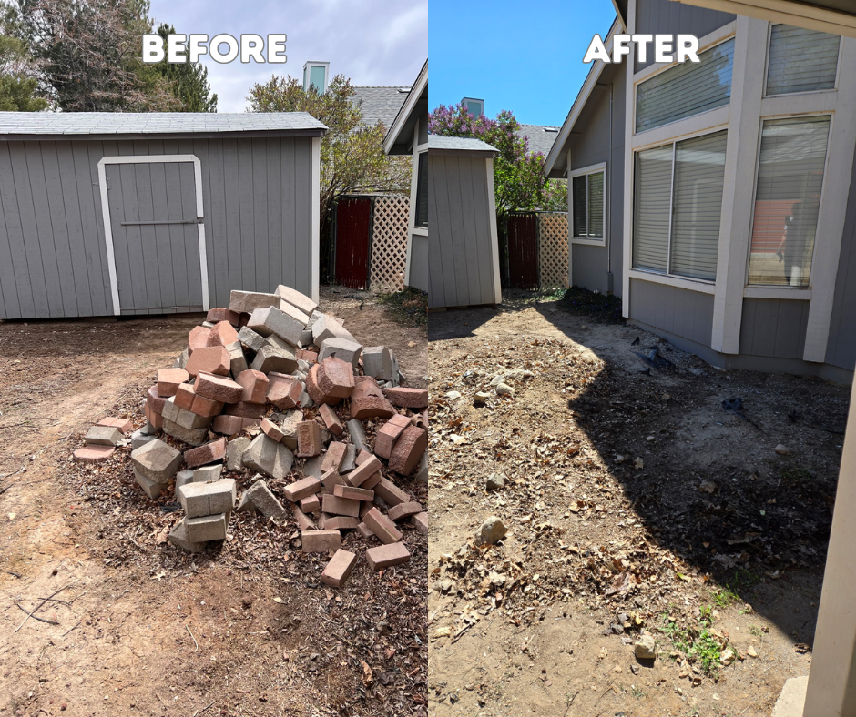 Before and after comparison: a yard with a shed, a pile of bricks, and a path cleared of debris.