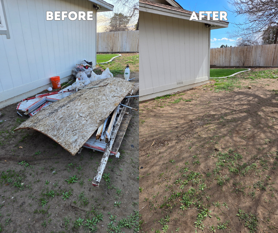 Before and after: cluttered yard cleaned, shed's side, grass, brown soil, wooden fence, sunny day.