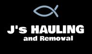 Logo for J's Hauling and Removal with an aqua fish symbol above white text on a black background.