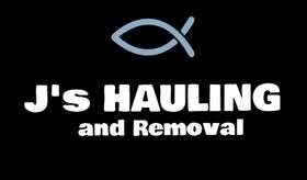 Logo for J's Hauling and Removal with an aqua fish symbol above white text on a black background.