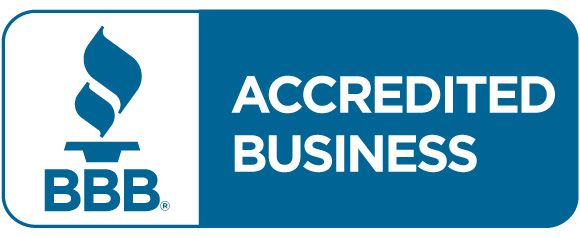 BBB Accredited Business logo, blue and white with a torch icon.