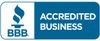 BBB Accredited Business logo, blue and white with a torch icon.