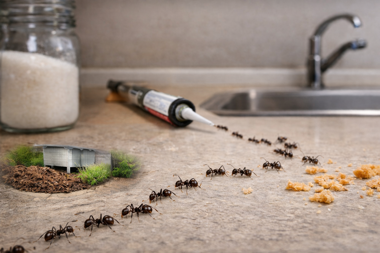 Ants trail across a kitchen counter toward crumbs near a sink, with a caulking tube and sugar jar