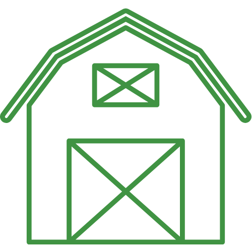 A green line drawing of a barn on a white background.