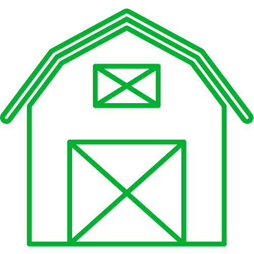 A green line drawing of a barn on a white background.