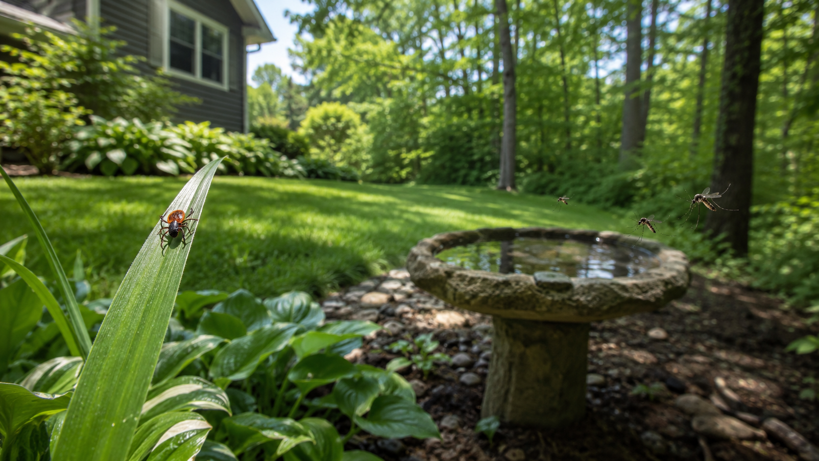 Tick on a leaf and mosquitoes near a birdbath in a shaded backyard in Clintonville, WI