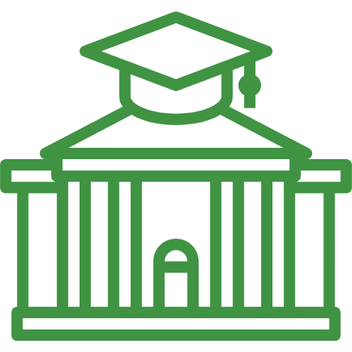 A green line drawing of a building with a graduation cap on top of it.