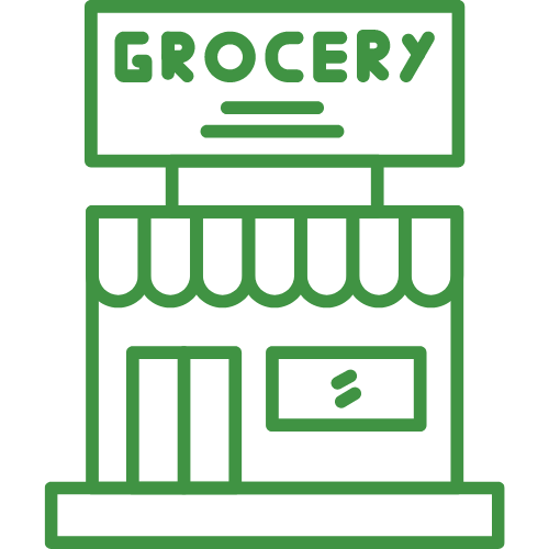 A green line icon of a grocery store on a white background.