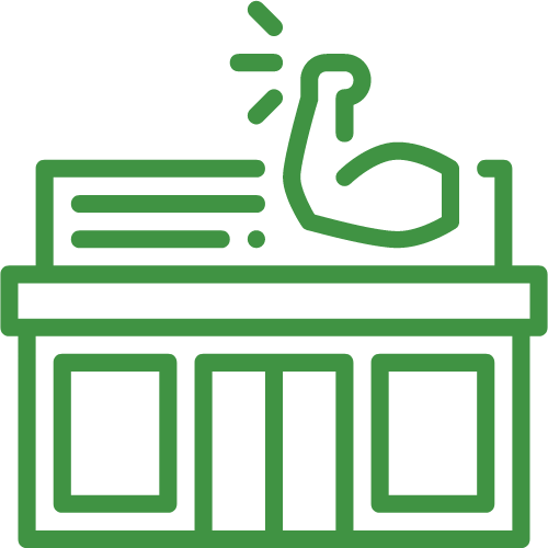 A green line icon of a building with a hand giving a thumbs up.