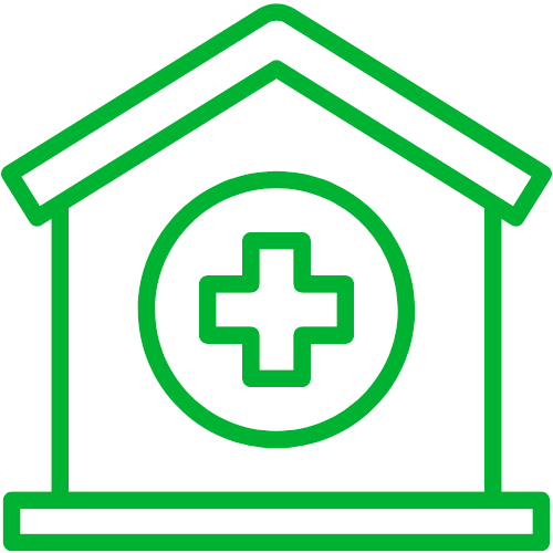 A green hospital icon with a cross in a circle.