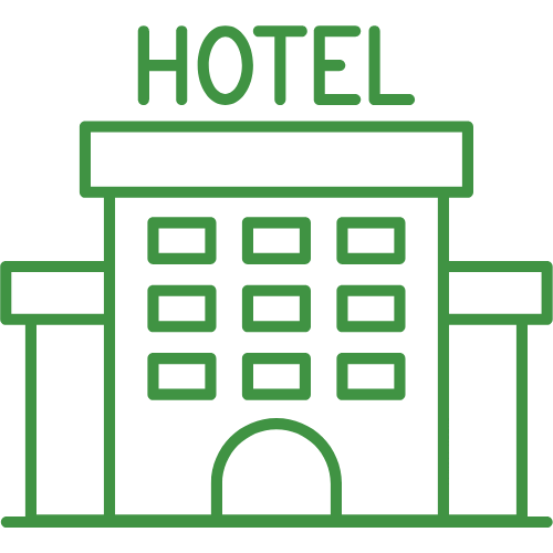 A green line drawing of a hotel building with the word hotel written on it.