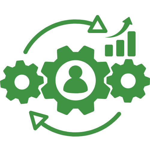 A green gear with a person in the middle and a graph behind it.