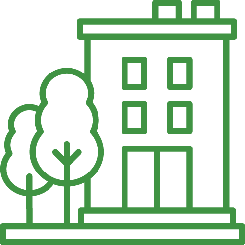 A green line drawing of a building with trees in front of it.