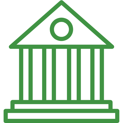 A green line drawing of a building with columns and a roof.