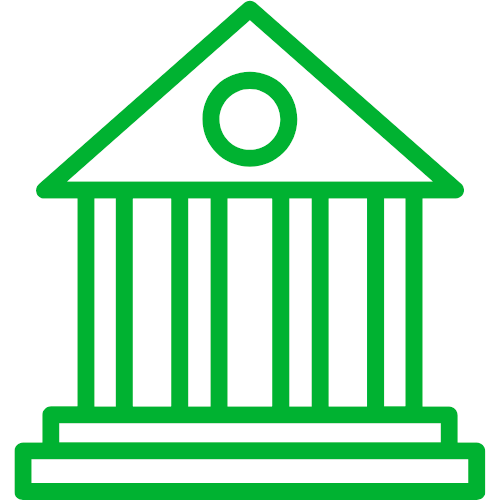 A green line drawing of a building with columns and a roof.