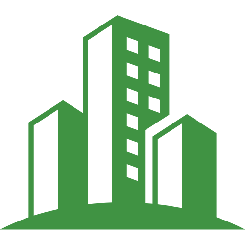 A green and white icon of a building on a white background.