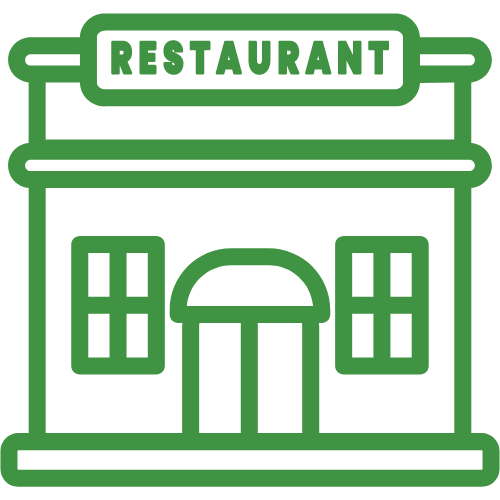 A green icon of a restaurant with a sign that says `` restaurant ''.