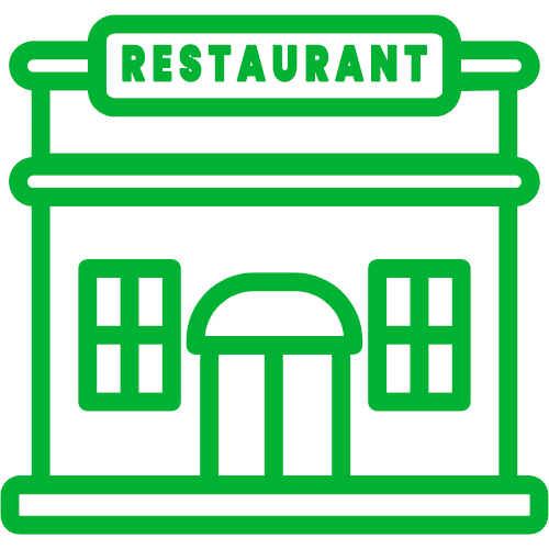 A green icon of a restaurant with a sign that says `` restaurant ''.