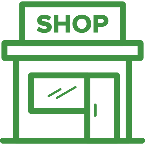 A green icon of a shop with a sign above it.