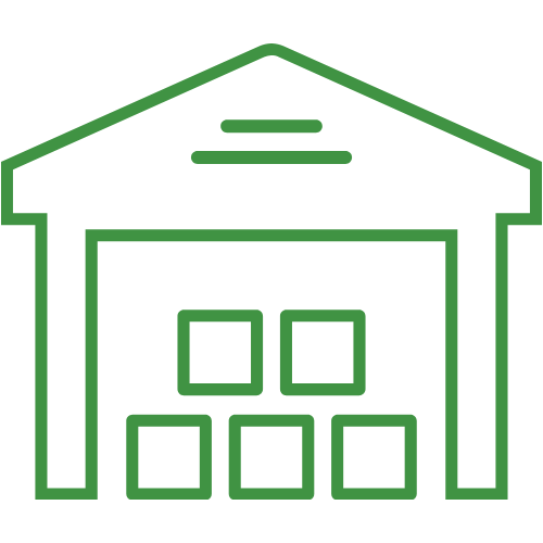 A green line drawing of a warehouse with squares stacked on top of each other.