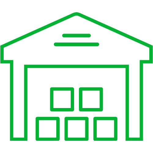 A green line drawing of a warehouse with squares stacked on top of each other.